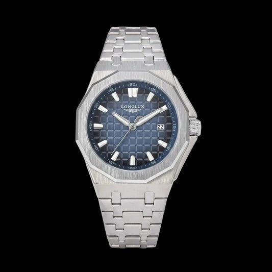 Silver watch with blue dial on a black background