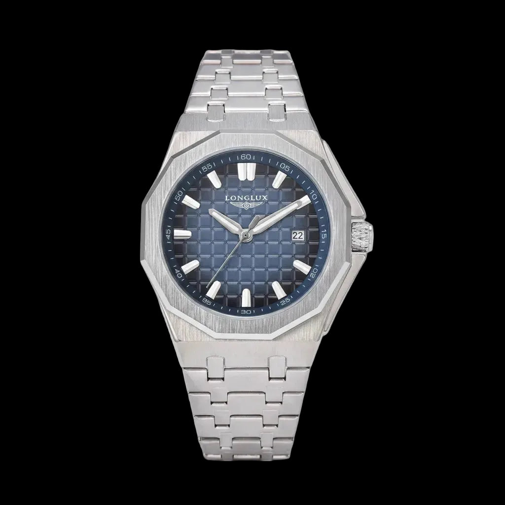 Silver watch with blue dial on a black background